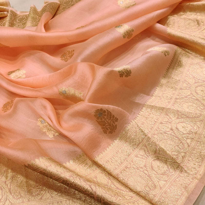 Peach Color Pure Kora Silk Handwoven Banarasi Saree
