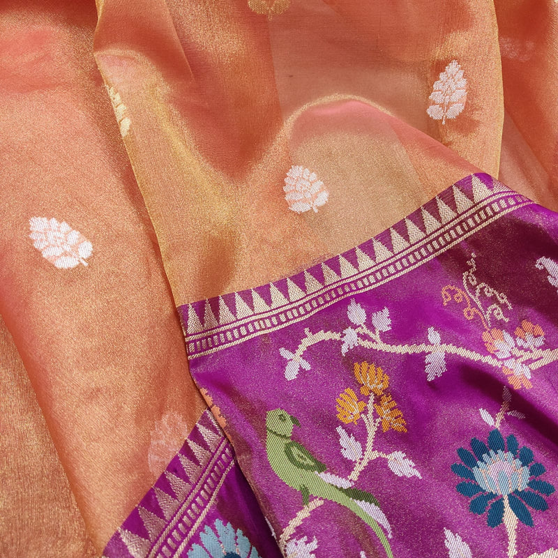 Peach Color Pure Tissue Silk Handwoven Banarasi Saree