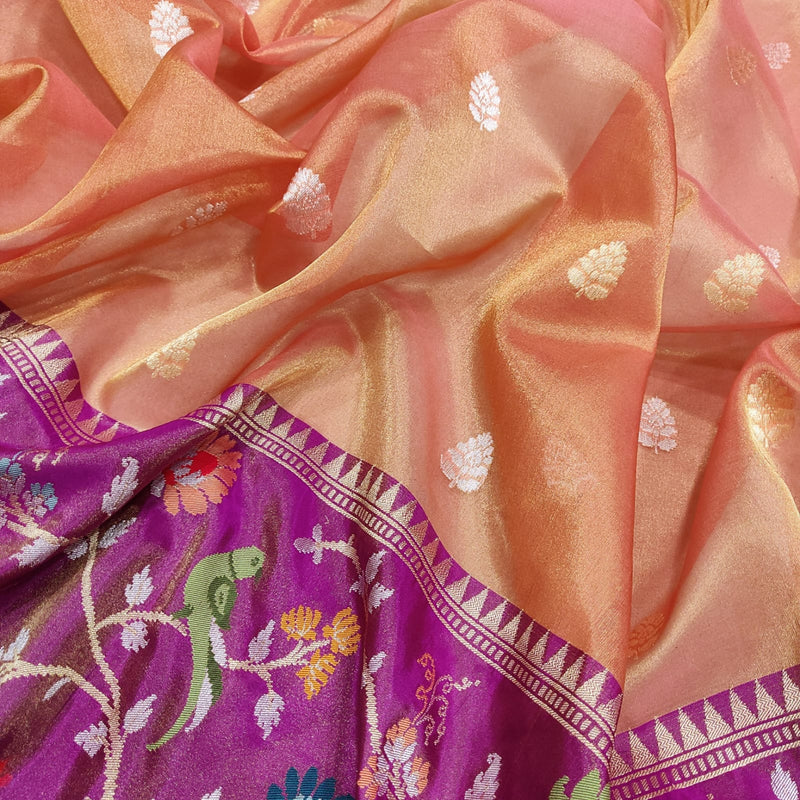 Peach Color Pure Tissue Silk Handwoven Banarasi Saree