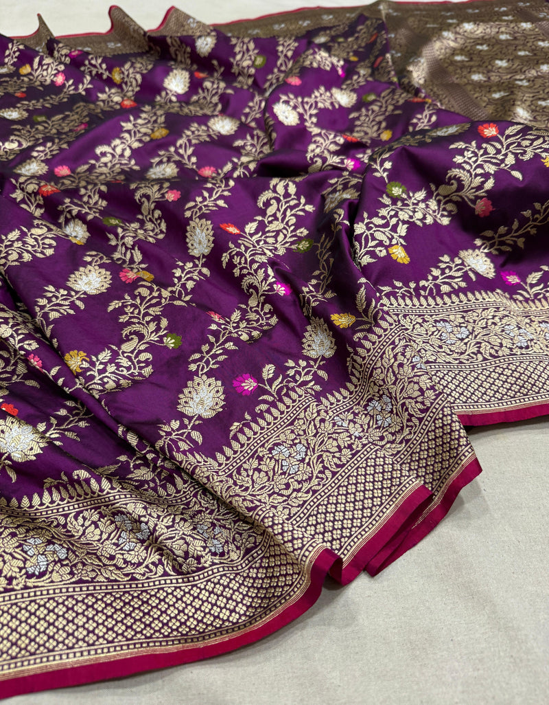 Magenta Katan Silk Handwoven Jungla Banarasi Saree