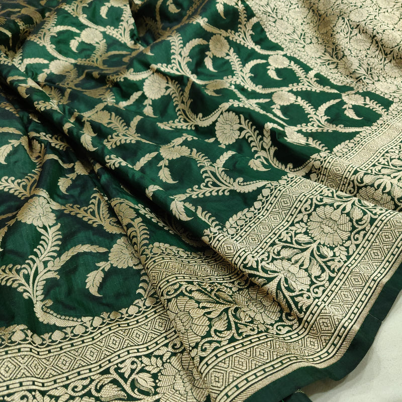 Dark Green Color Pure Katan Silk Handwoven Banarasi Saree