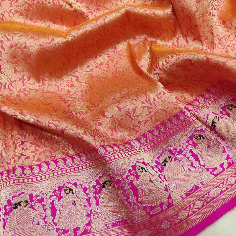 Dual Shade Pure Katan Silk Handwoven Tanchoi Banarasi Saree