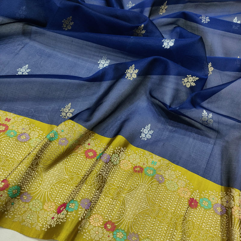 Blue Colour Pure Kora Silk Handwoven Banarasi Saree