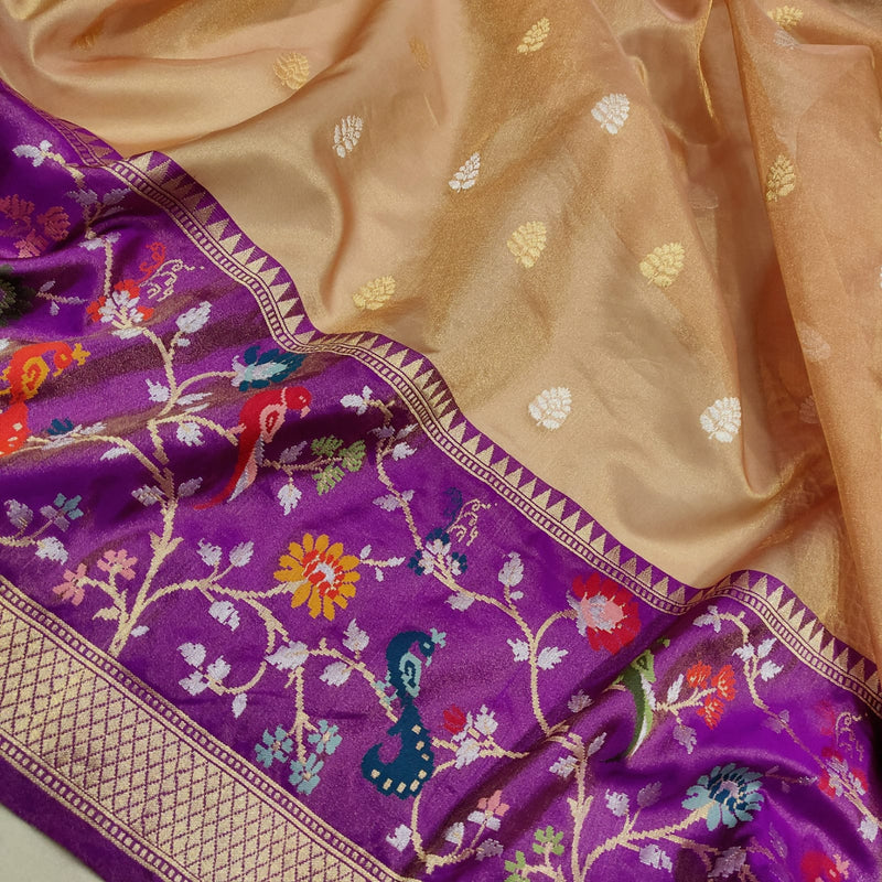 Peach Color Pure Tissue Silk Handwoven Banarasi Saree