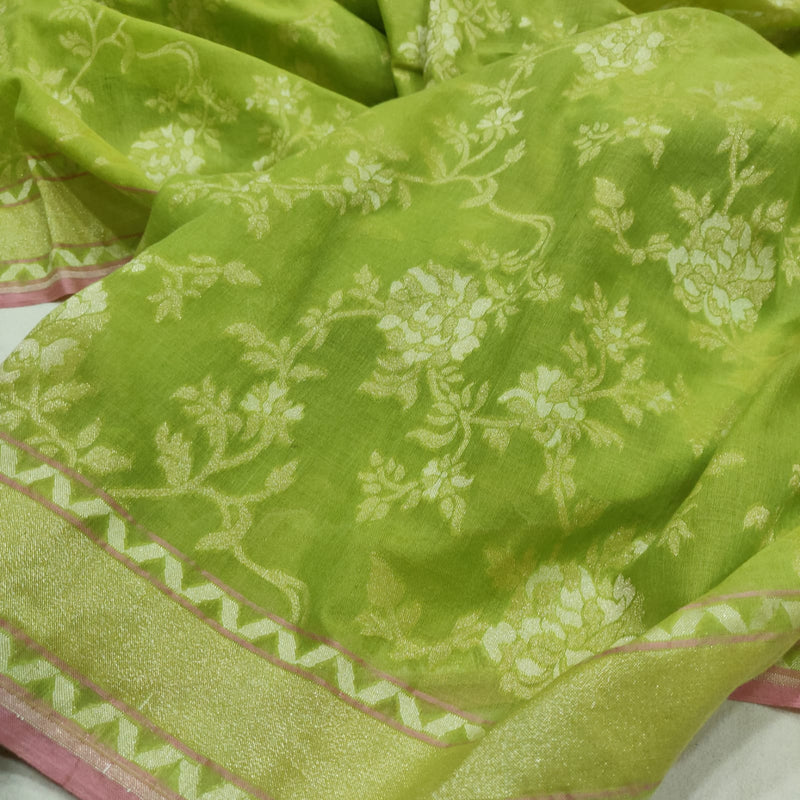 Parrot Green Color Cotton Ektara Jamdani Handwoven Banarasi Saree