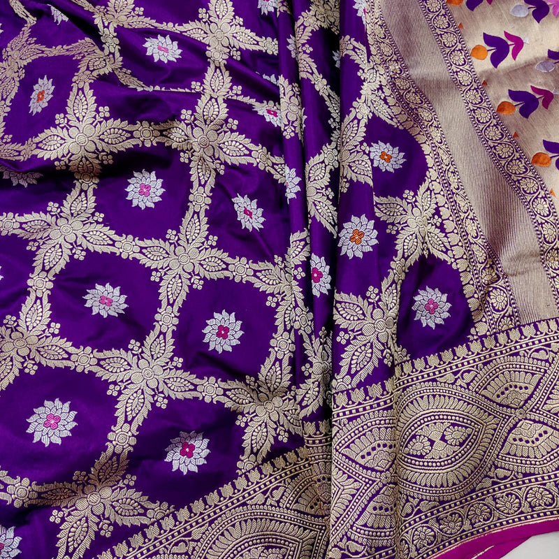 Purple Color Pure Katan Silk Handwoven Banarasi Jungla Saree