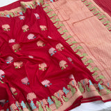 Red Colour Pure Katan Silk Handwoven Banarasi Saree