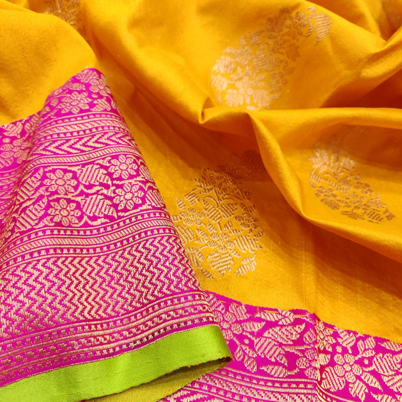 Yellow Colour Pure Tussar Silk Handwoven Banarasi saree