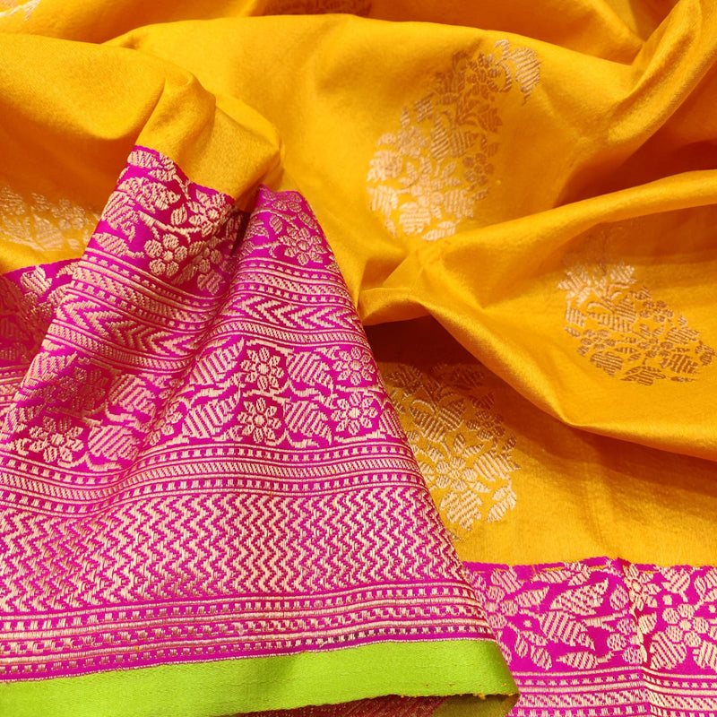 Yellow Colour Pure Tussar Silk Handwoven Banarasi saree