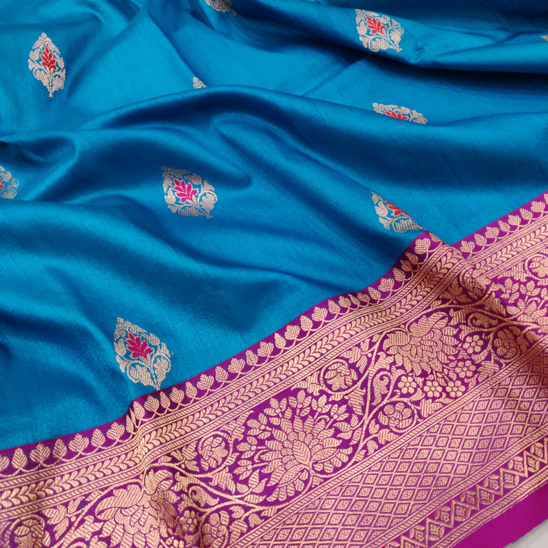 Sky Blue Colour Pure Tussar Silk Handwoven Banarasi saree