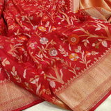 Red Color Pure banarasi ektara cotton jamdani saree