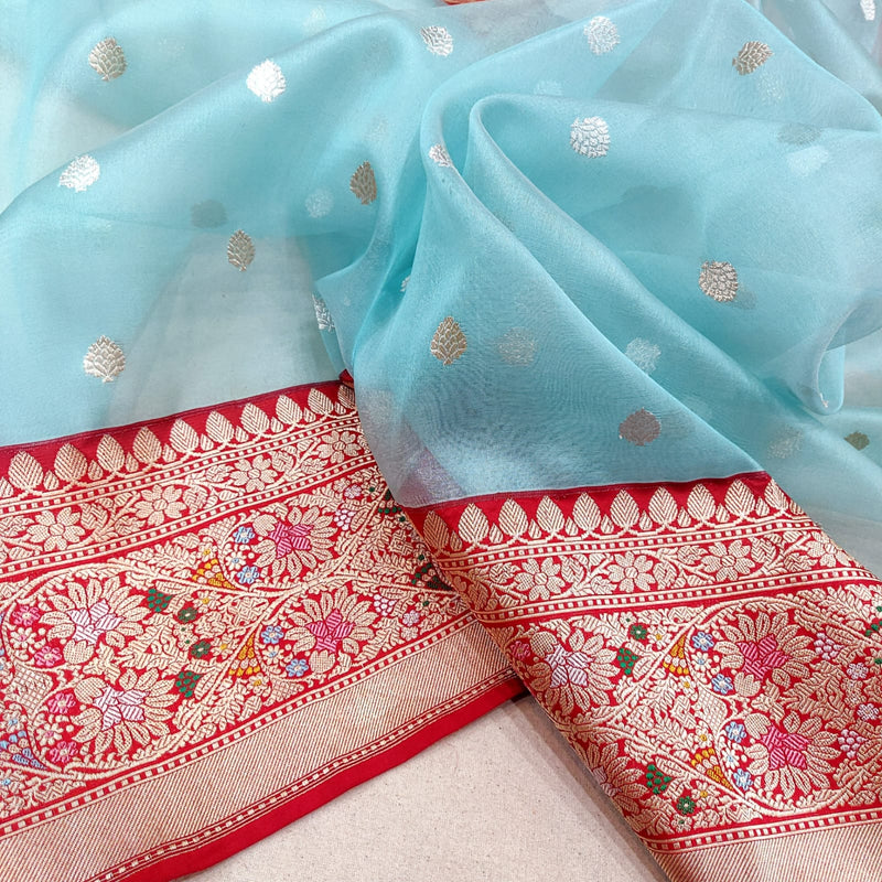 Sky Blue Colour Pure Kora Silk Handwoven Banarasi Saree