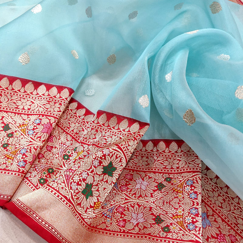 Sky Blue Colour Pure Kora Silk Handwoven Banarasi Saree