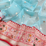 Sky Blue Colour Pure Kora Silk Handwoven Banarasi Saree