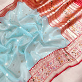 Sky Blue Colour Pure Kora Silk Handwoven Banarasi Saree