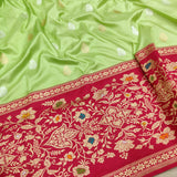 Parrot Green Color Pure Katan Silk Handwoven Banarasi Saree