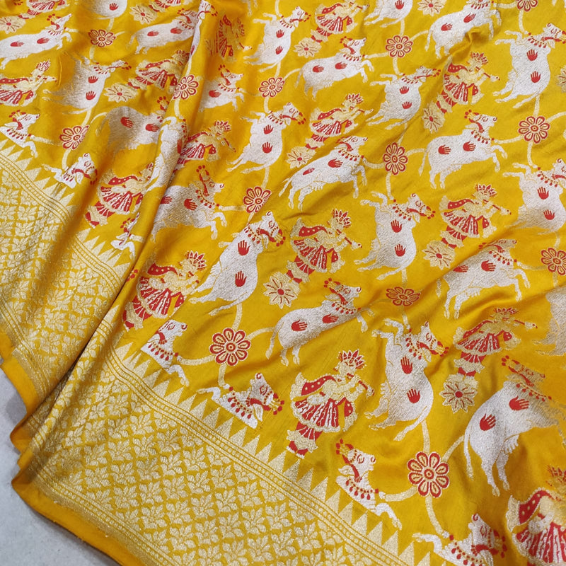 Yellow Color Pure Katan Silk Handwoven Banarasi Saree