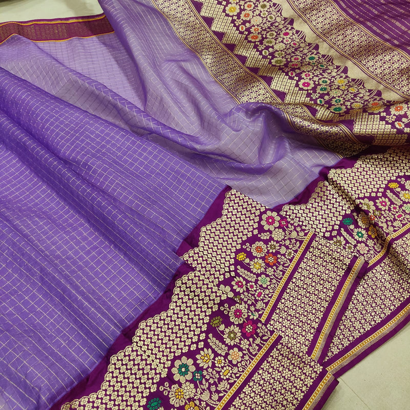 Lavender Color Pure Kora Silk Handwoven Banarasi Saree