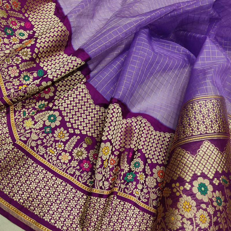 Lavender Color Pure Kora Silk Handwoven Banarasi Saree
