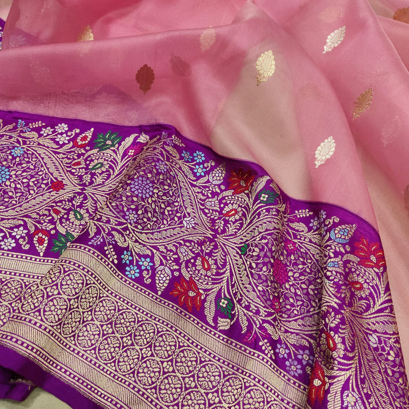 Baby Pink Colour Pure Kora Silk Handwoven Banarasi Saree