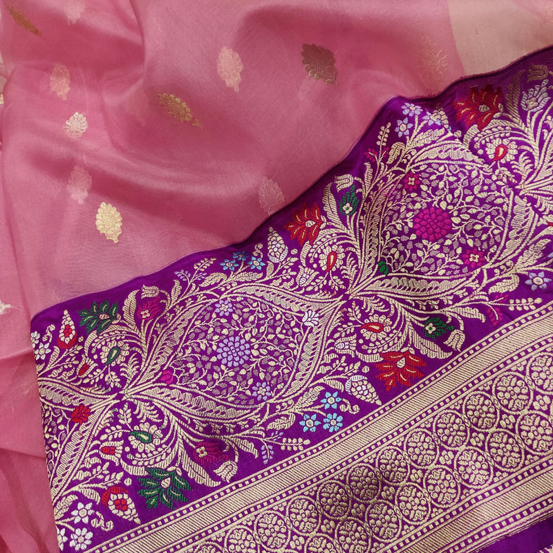 Baby Pink Colour Pure Kora Silk Handwoven Banarasi Saree