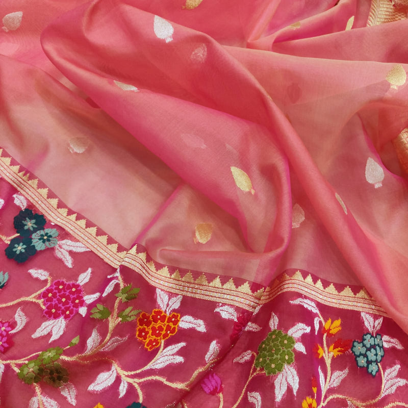 Peach Color Pure Kora Silk Handwoven Banarasi Saree