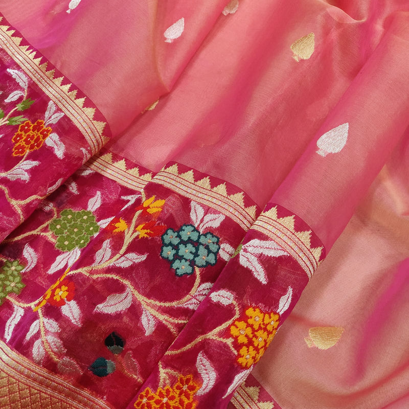 Peach Color Pure Kora Silk Handwoven Banarasi Saree