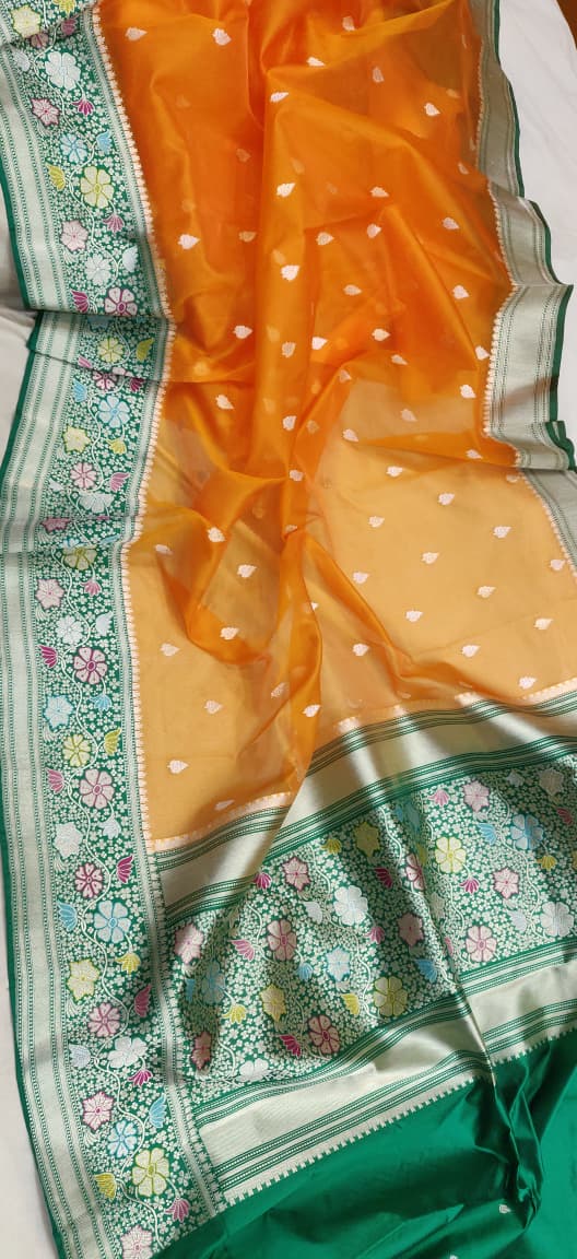 Orange Colour Pure Kora Silk Handwoven Banarasi Saree