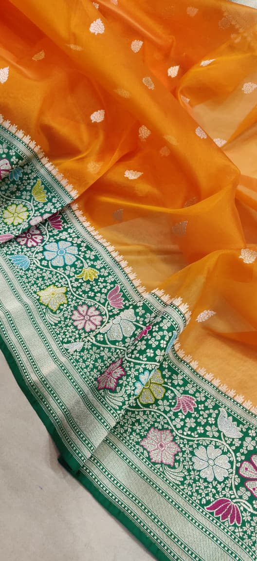 Orange Colour Pure Kora Silk Handwoven Banarasi Saree