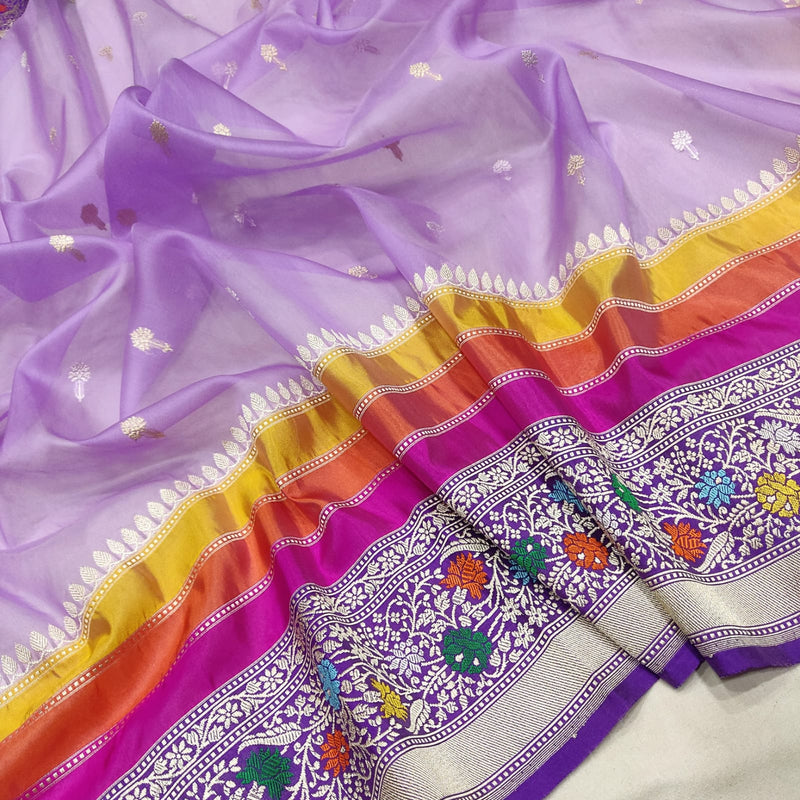 Lavender Color Pure Kora Silk Handwoven Banarasi Saree