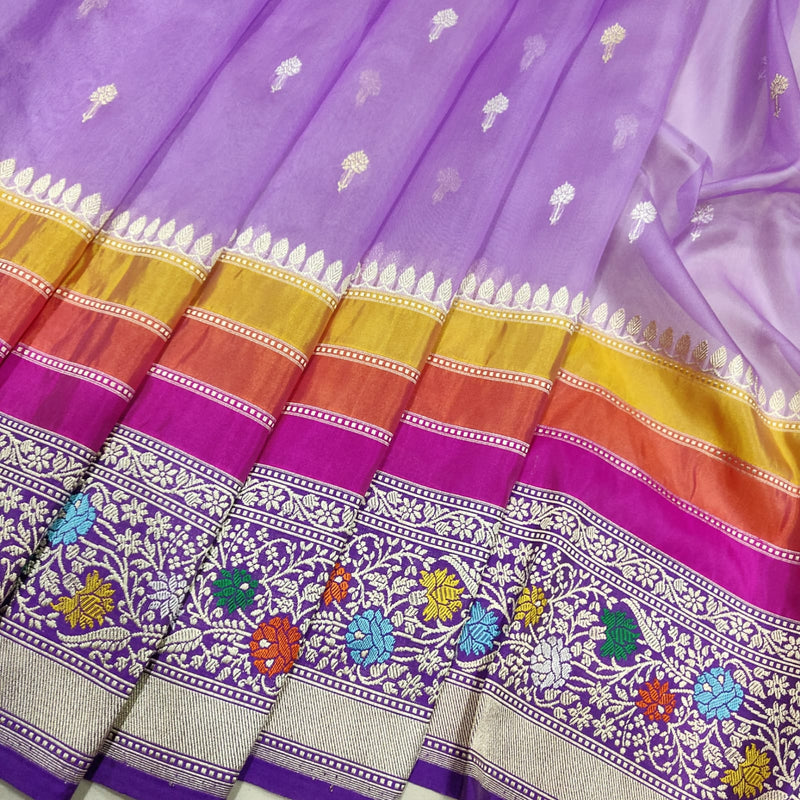 Lavender Color Pure Kora Silk Handwoven Banarasi Saree