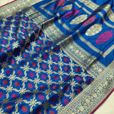 Navy Blue Colour Pure Katan Silk Handwoven Banarasi Jungla Saree