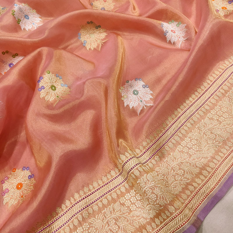 Peach Colour Pure Tissue Silk Handwoven Banarasi Saree
