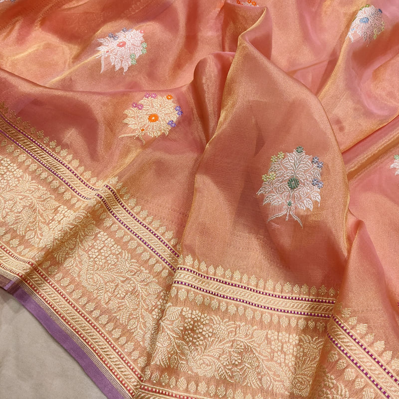 Peach Colour Pure Tissue Silk Handwoven Banarasi Saree