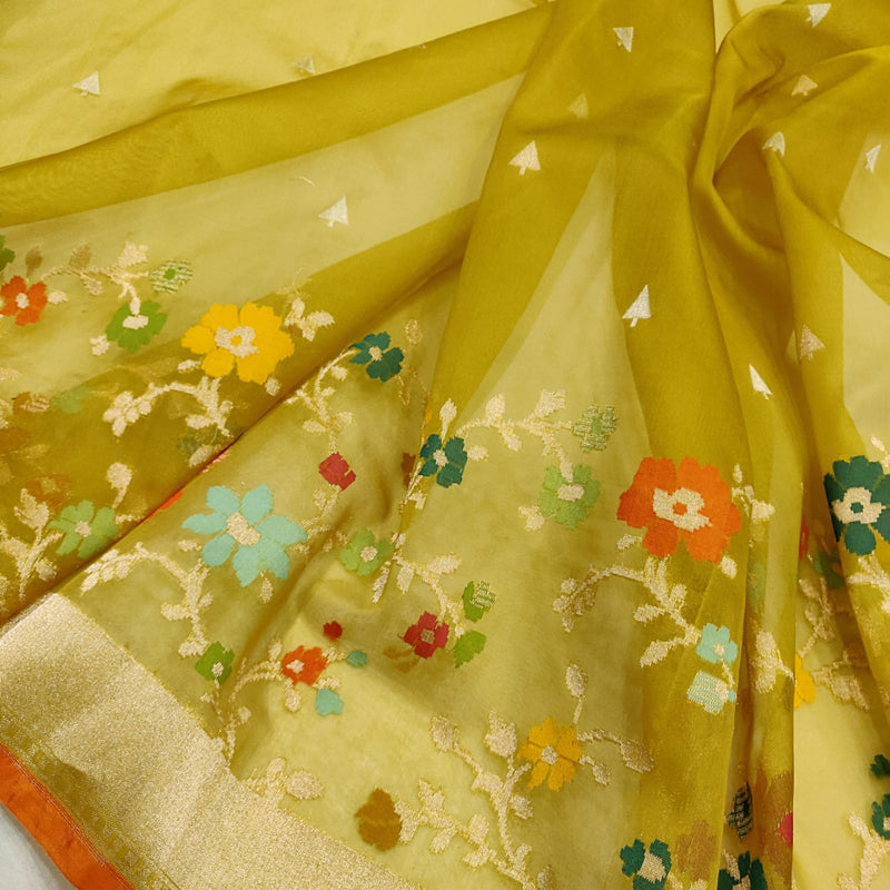 Mustard Yellow Colour Pure Ektara Kora Jamdani Handwoven Banarasi Saree