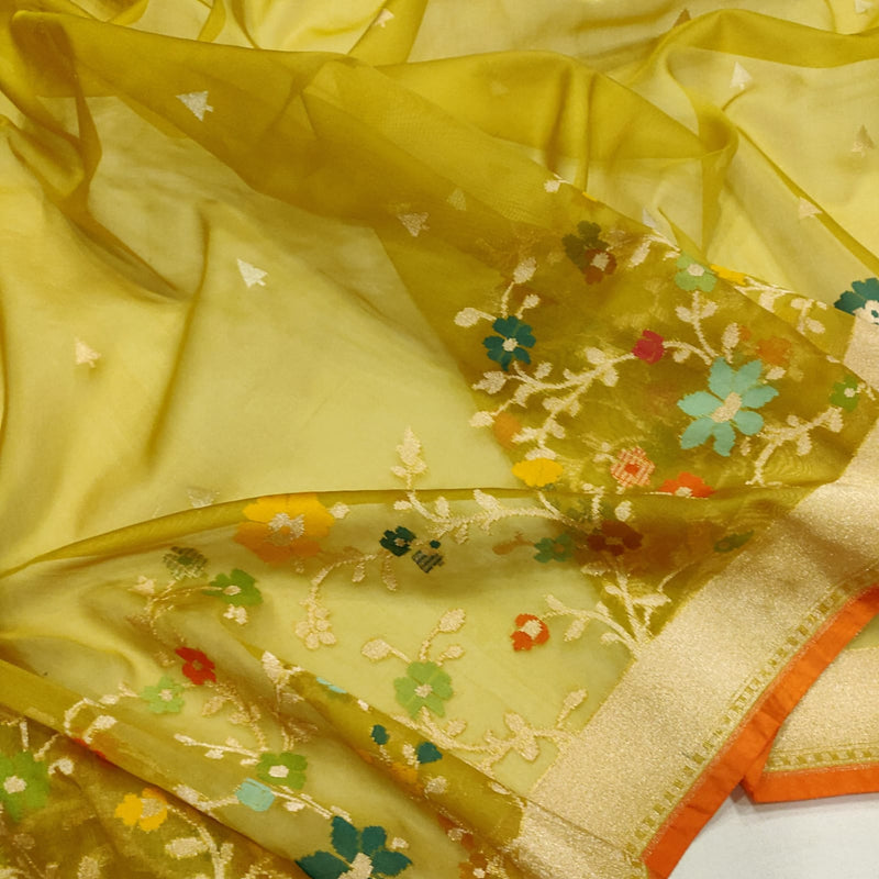 Mustard Yellow Colour Pure Ektara Kora Jamdani Handwoven Banarasi Saree