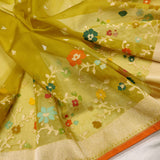 Mustard Yellow Colour Pure Ektara Kora Jamdani Handwoven Banarasi Saree