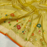 Mustard Yellow Colour Pure Ektara Kora Jamdani Handwoven Banarasi Saree