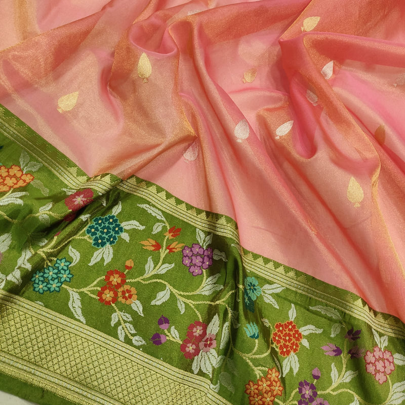 Peach Colour Pure Tissue Silk Handwoven Banarasi Saree