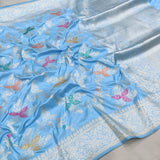 Sky Blue Pure Katan Silk Handwoven Banarasi Jungla Saree