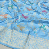 Sky Blue Pure Katan Silk Handwoven Banarasi Jungla Saree