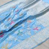 Sky Blue Pure Katan Silk Handwoven Banarasi Jungla Saree