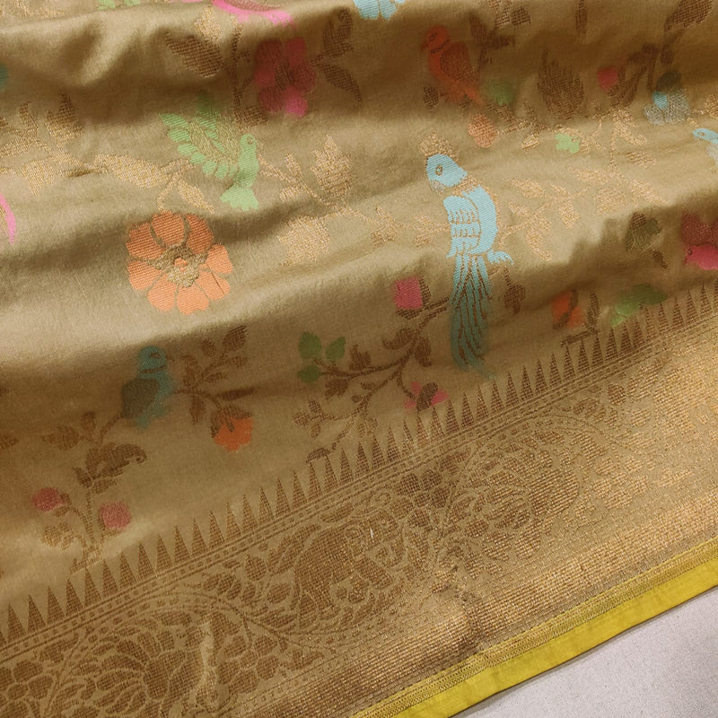 Golden Beige Color Pure Katan Silk Handwoven Banarasi Saree