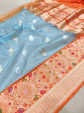 Sky Blue Pure Kora Silk Handwoven Banarasi Saree