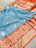 Sky Blue Pure Kora Silk Handwoven Banarasi Saree