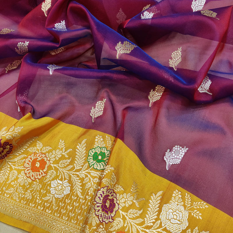 Dual Shade Pure Kora Silk Handwoven Banarasi Saree