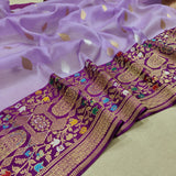 Lavender Color Pure Kora Silk Handwoven Banarasi Saree