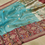 Sky Blue Color Pure Kora Silk Handwoven Banarasi Saree