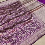 Purple Color Pure Katan Silk Handwoven Tanchoi Banarasi Saree