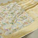 White Colour Pure Katan Silk Handwoven Banarasi Jungla Saree